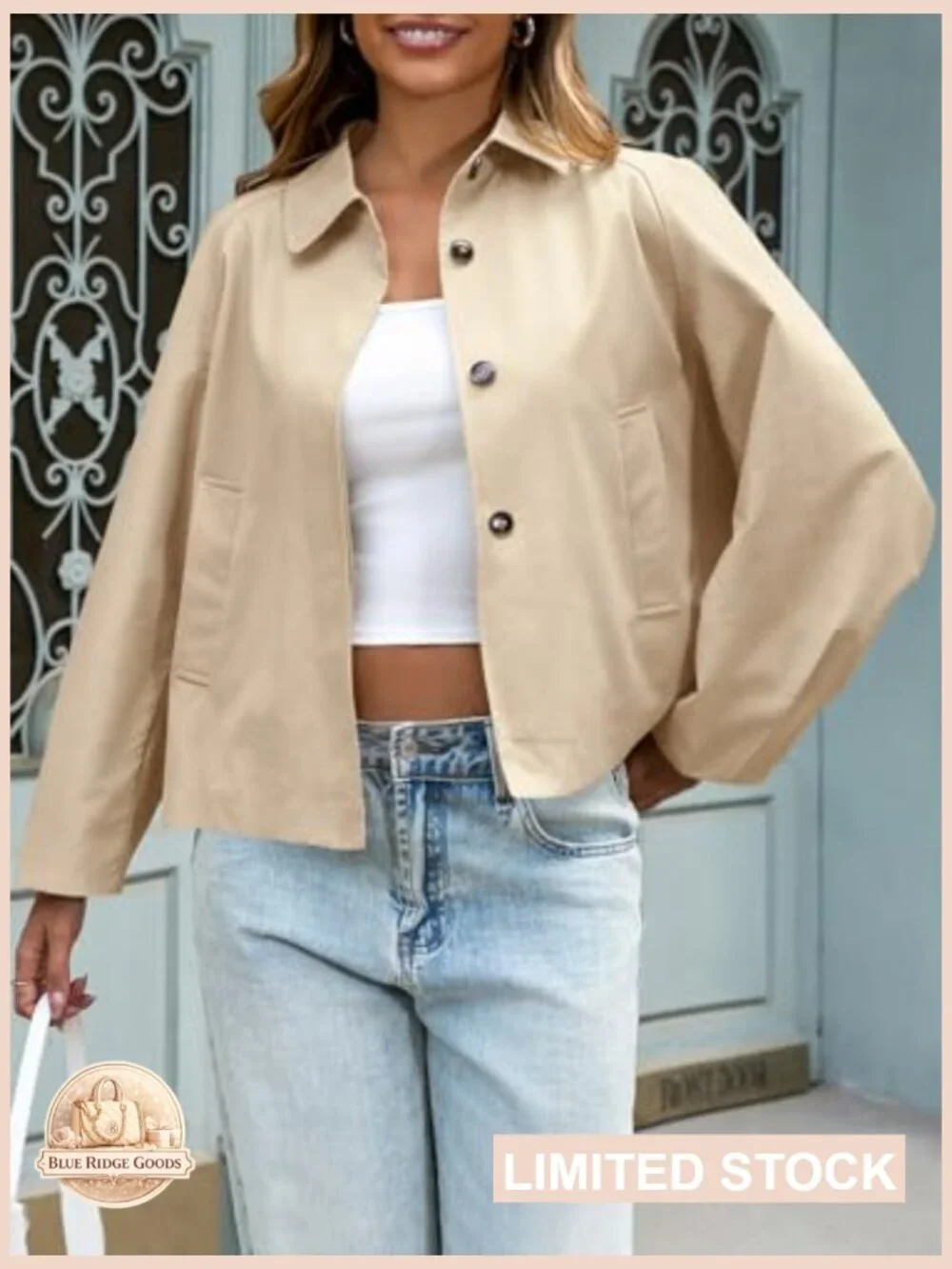 Cropped Trench Coat Lightweight Batwing Sleeve Oversized Chic Casual Outerwear - Picture 3 of 7